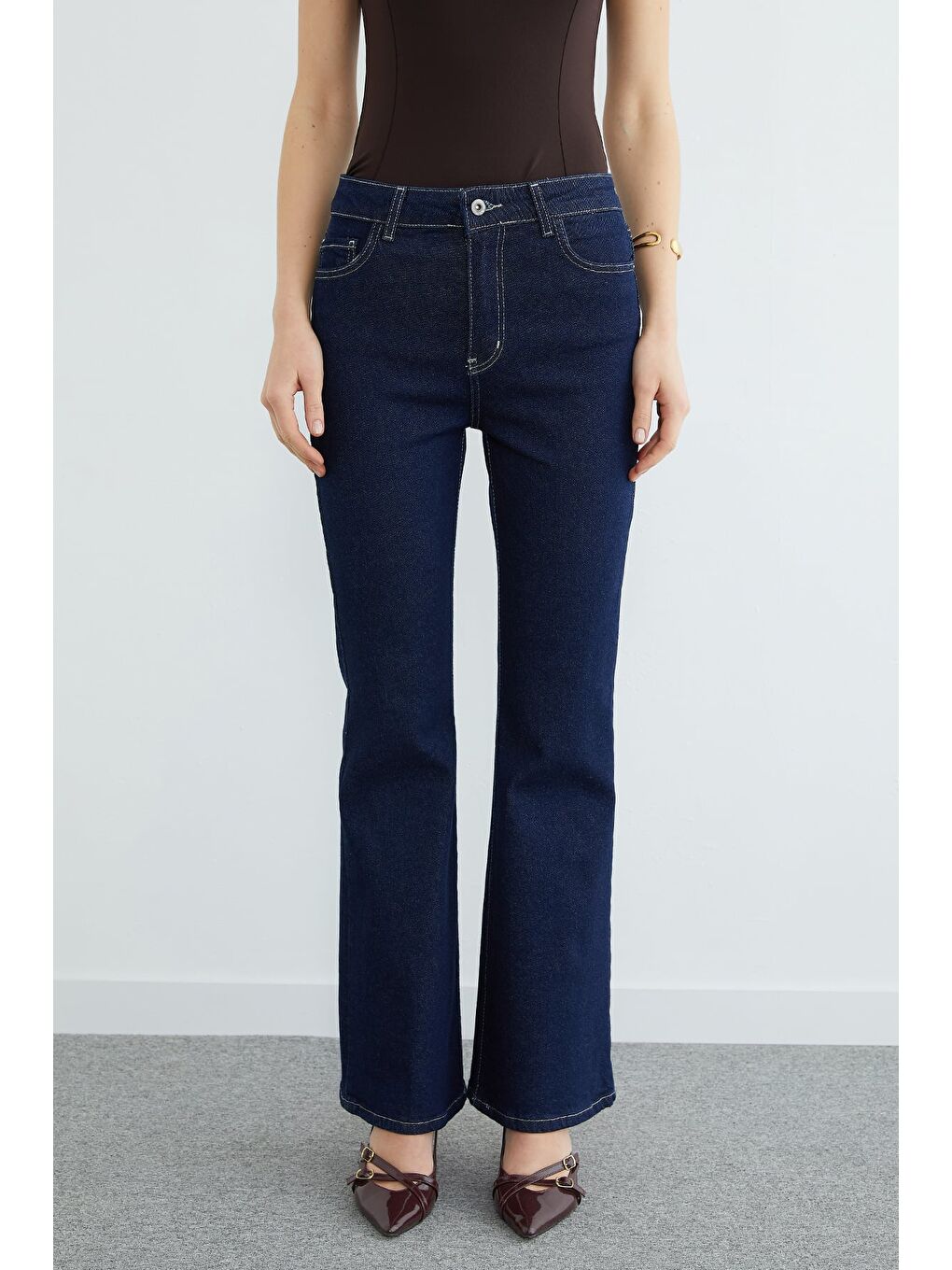 Lacivert Yüksek Bel Fermuarlı Flare Jean-2