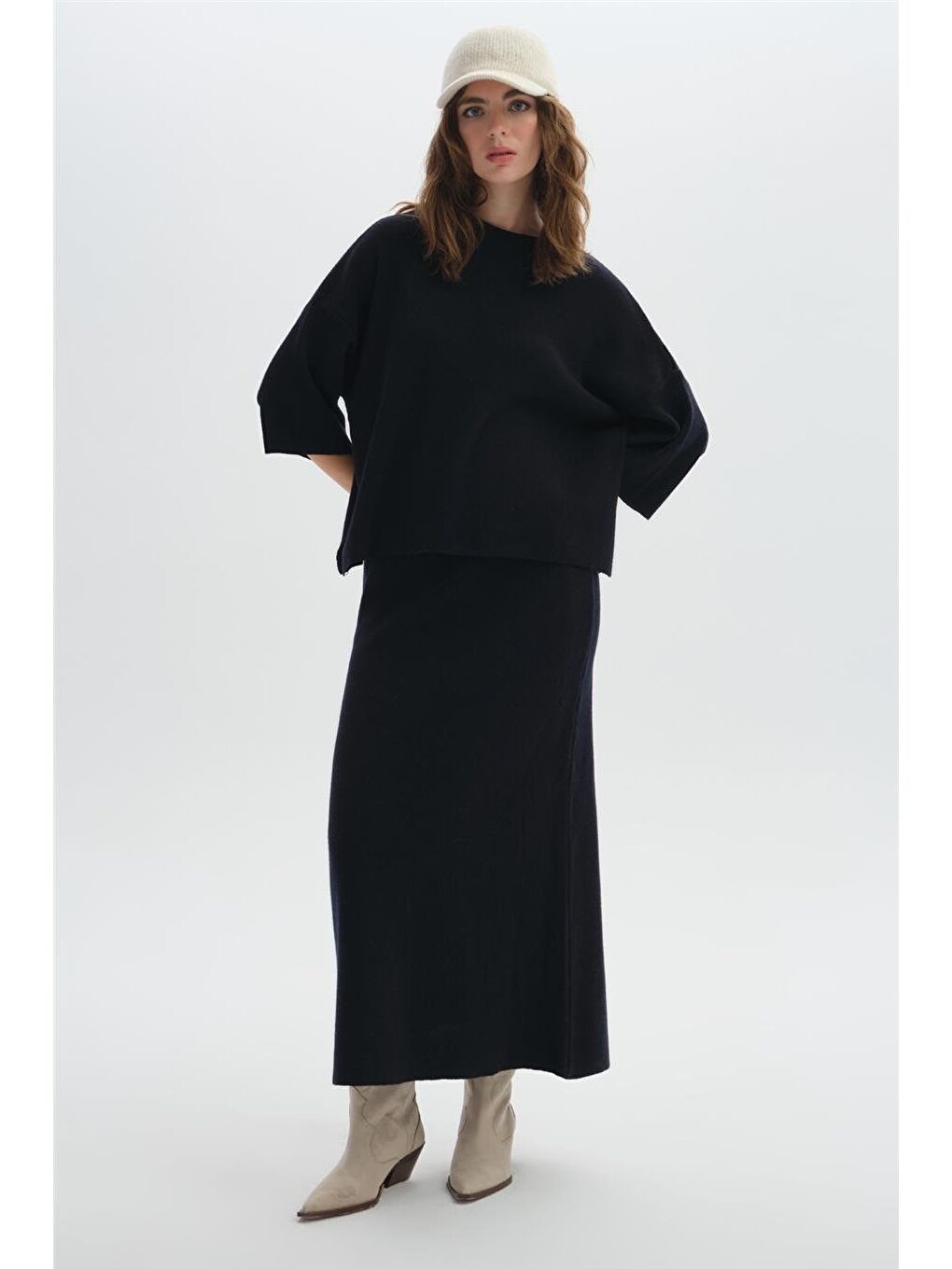 Lacivert Beli Lastikli Triko Etek