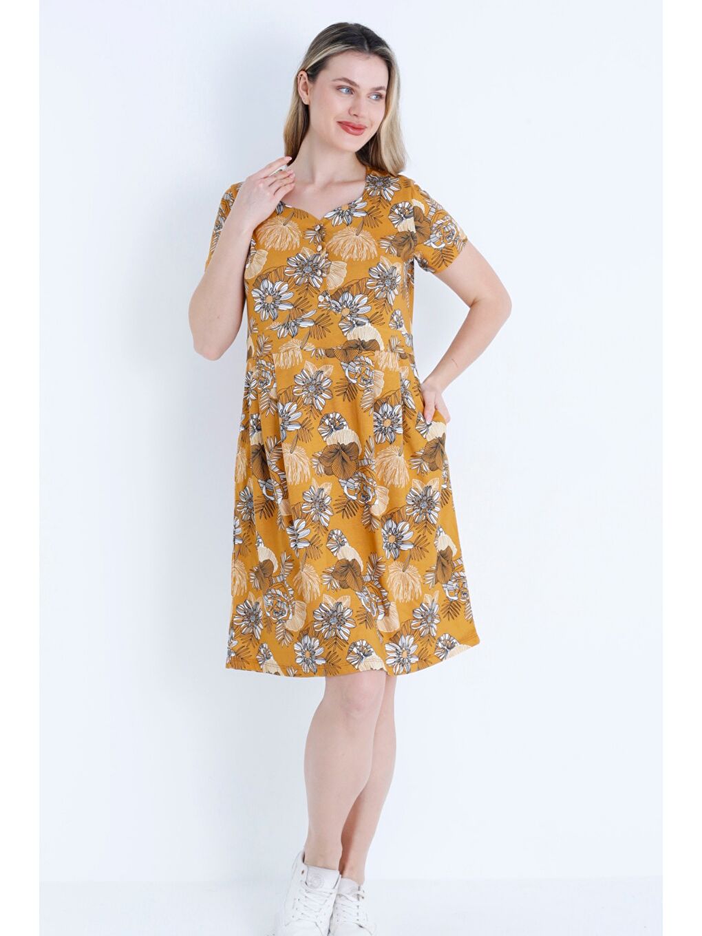 Turuncu Kadın Düğmeli Desenli Cepli Kısa Kollu Pamuklu Elbise-3