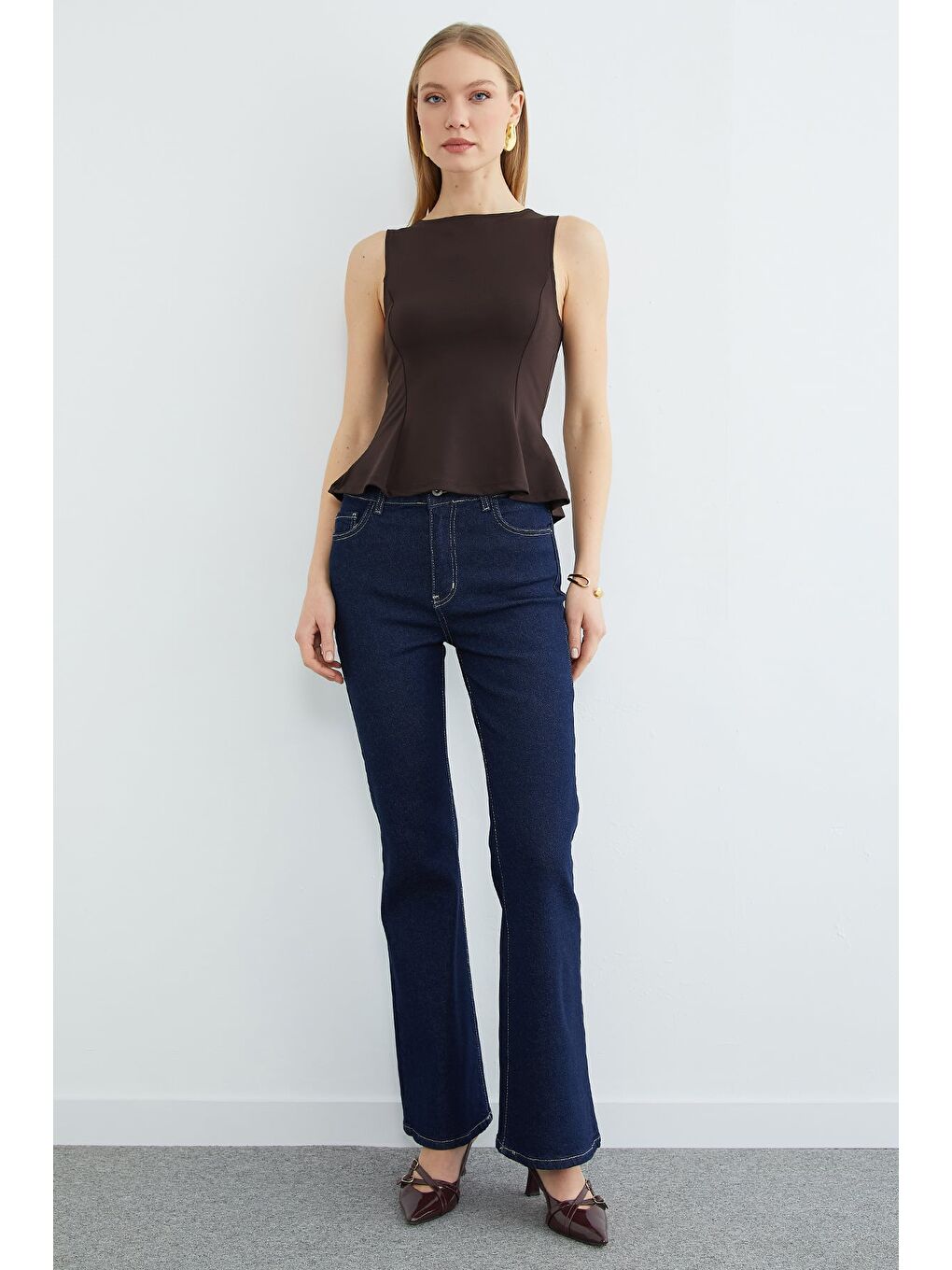 Lacivert Yüksek Bel Fermuarlı Flare Jean-3