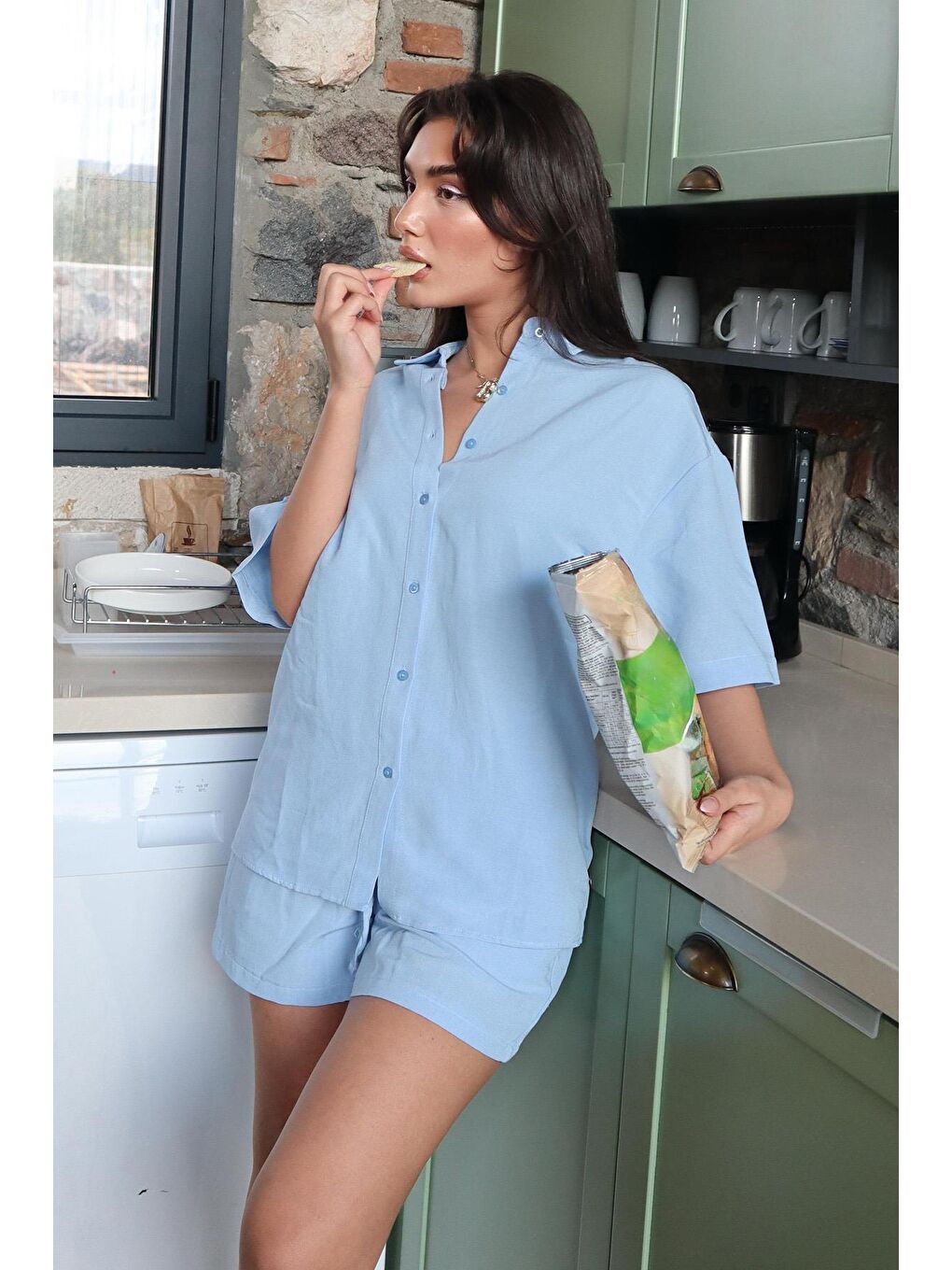 Bebe Mavisi Basic Kadın Şort Gömlek Takım Mg2361-3