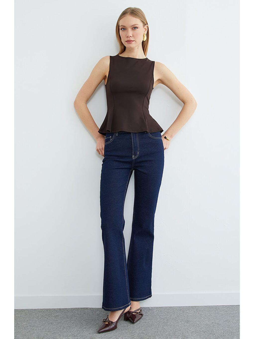 Lacivert Yüksek Bel Fermuarlı Flare Jean-4