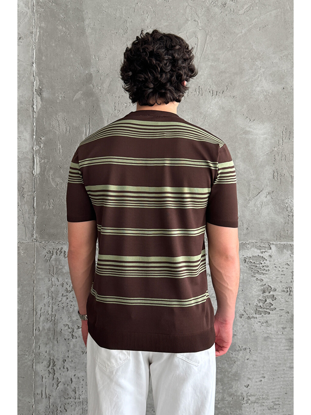 Kahverengi Erkek Bisiklet Yaka Oversize Çizgili Triko T-shirt-5