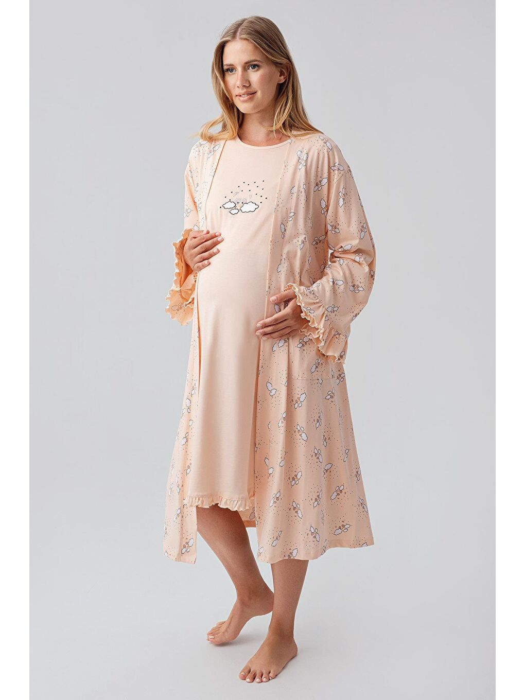 Pembe Uzun Kollu Desenli Esnek Pamuklu Hamile Sabahlık Gecelik Takım 18400