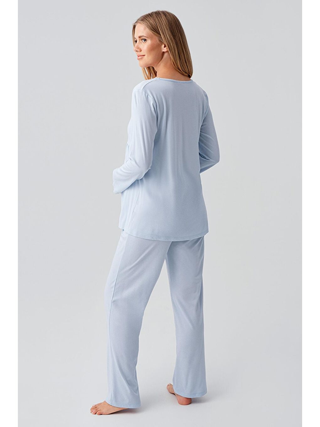 Mavi Uzun Kollu Düğmeli Esnek Viskoz Hamile Sabahlık Pijama Takım 18302-3