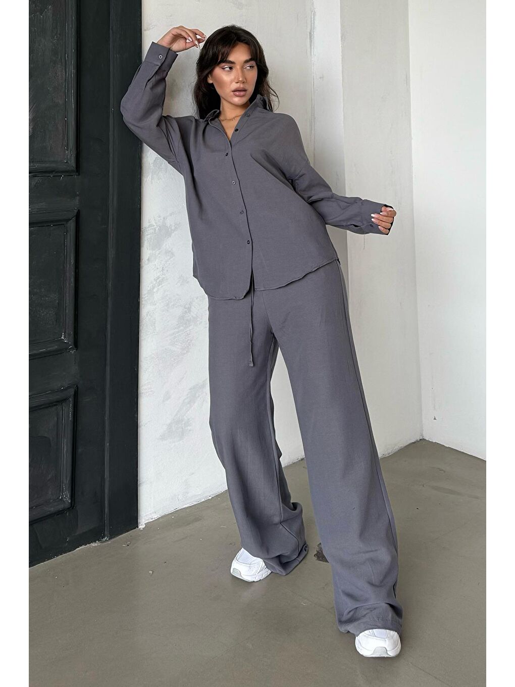 Gri Füme Keten Kadın Gömlek Pantolon İkili Takım Mg2356-1