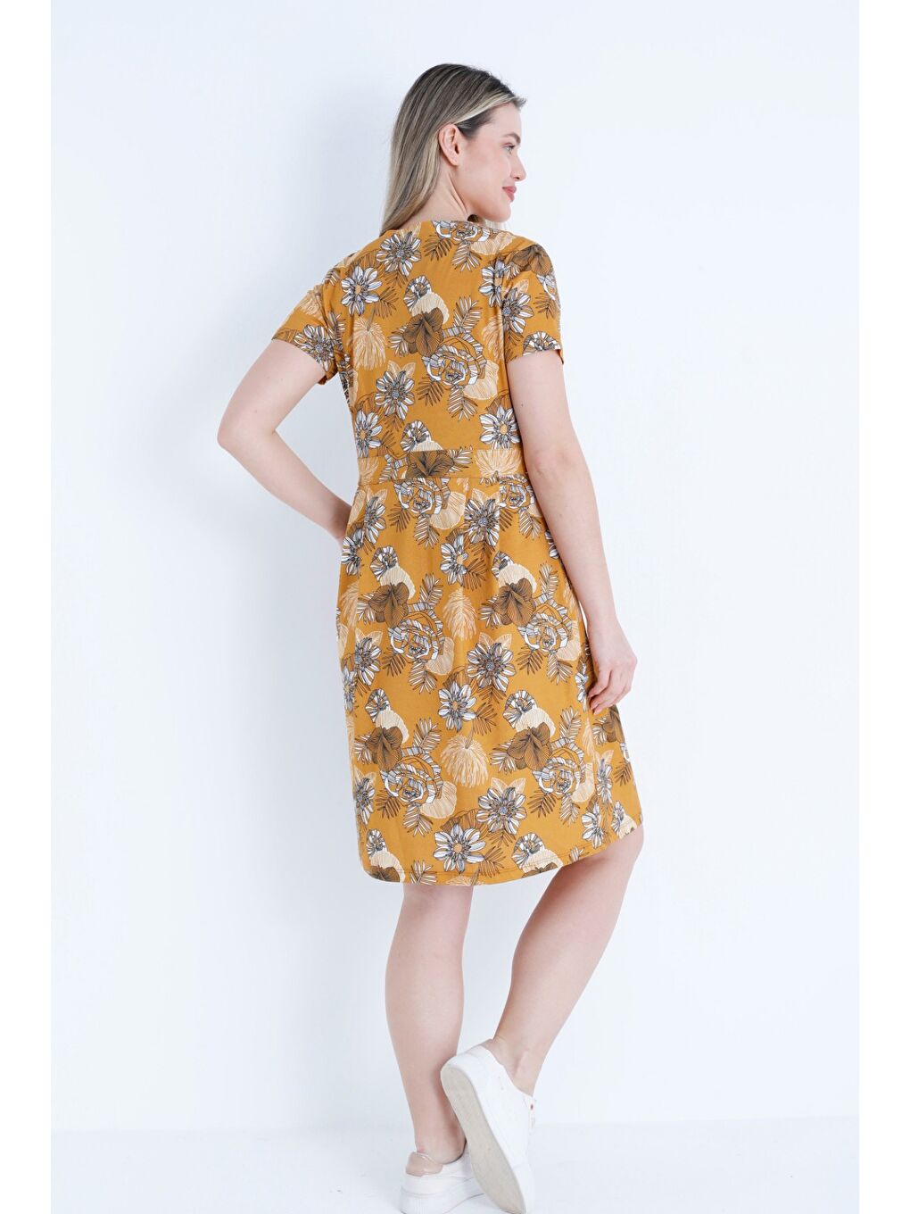 Turuncu Kadın Düğmeli Desenli Cepli Kısa Kollu Pamuklu Elbise-4
