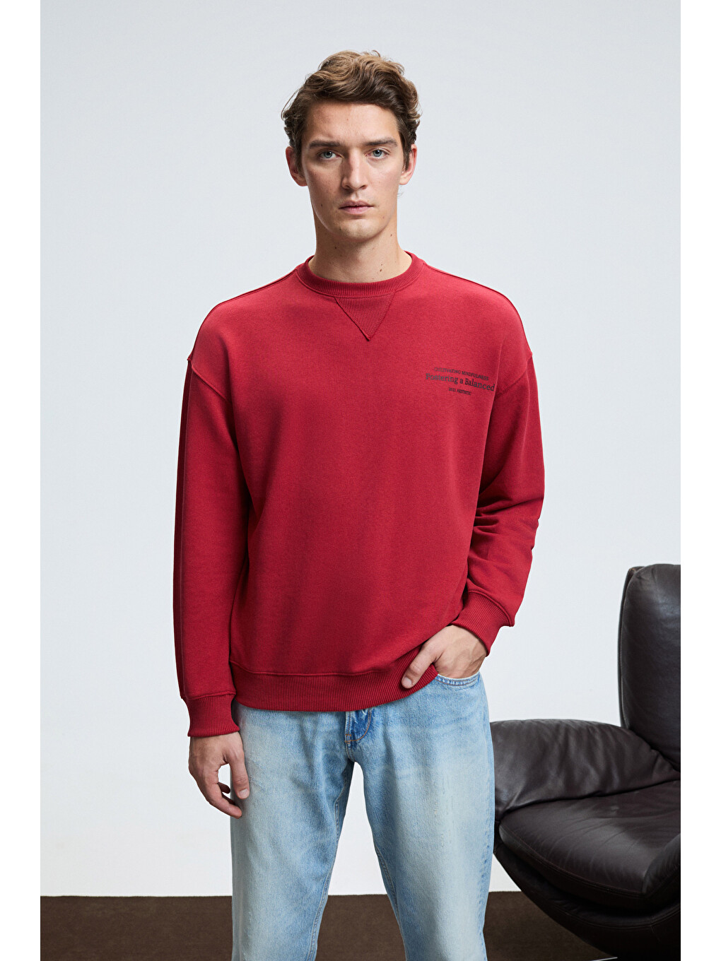 Caspıan Erkek %100 Pamuk Bisiklet Yaka Karyoka Dikişli Baskılı Kırmızı Sweatshirt-3