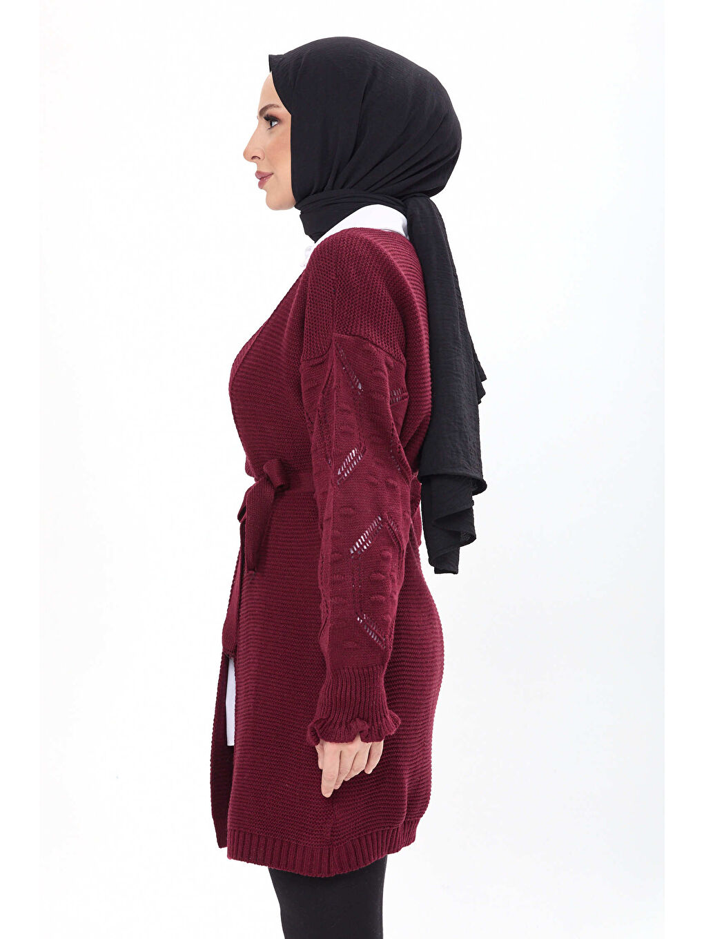 Kemerli Kolu İşlemeli Triko Hırka Bordo - 27631-1