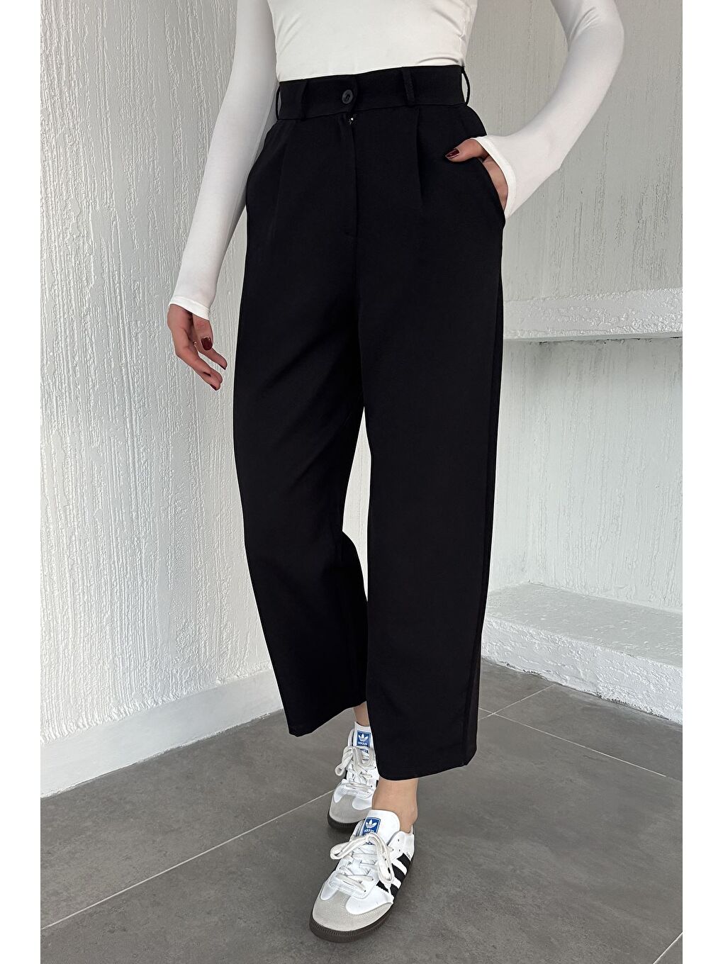 Siyah Kadın Yüksek Bel Pileli Palazzo Pantolon