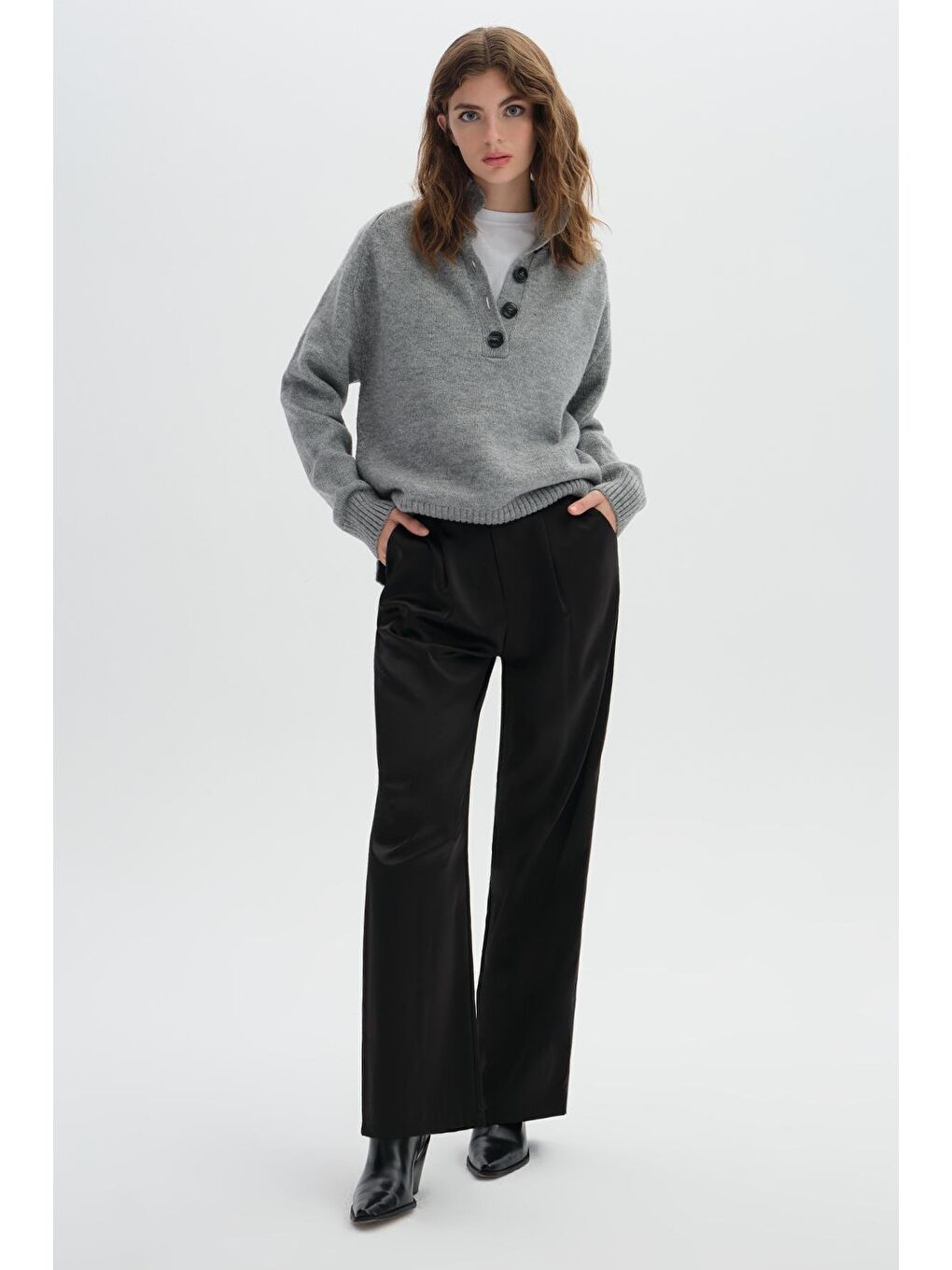 Gri Melanj Hakim Yaka Düğmeli Triko Kazak-2