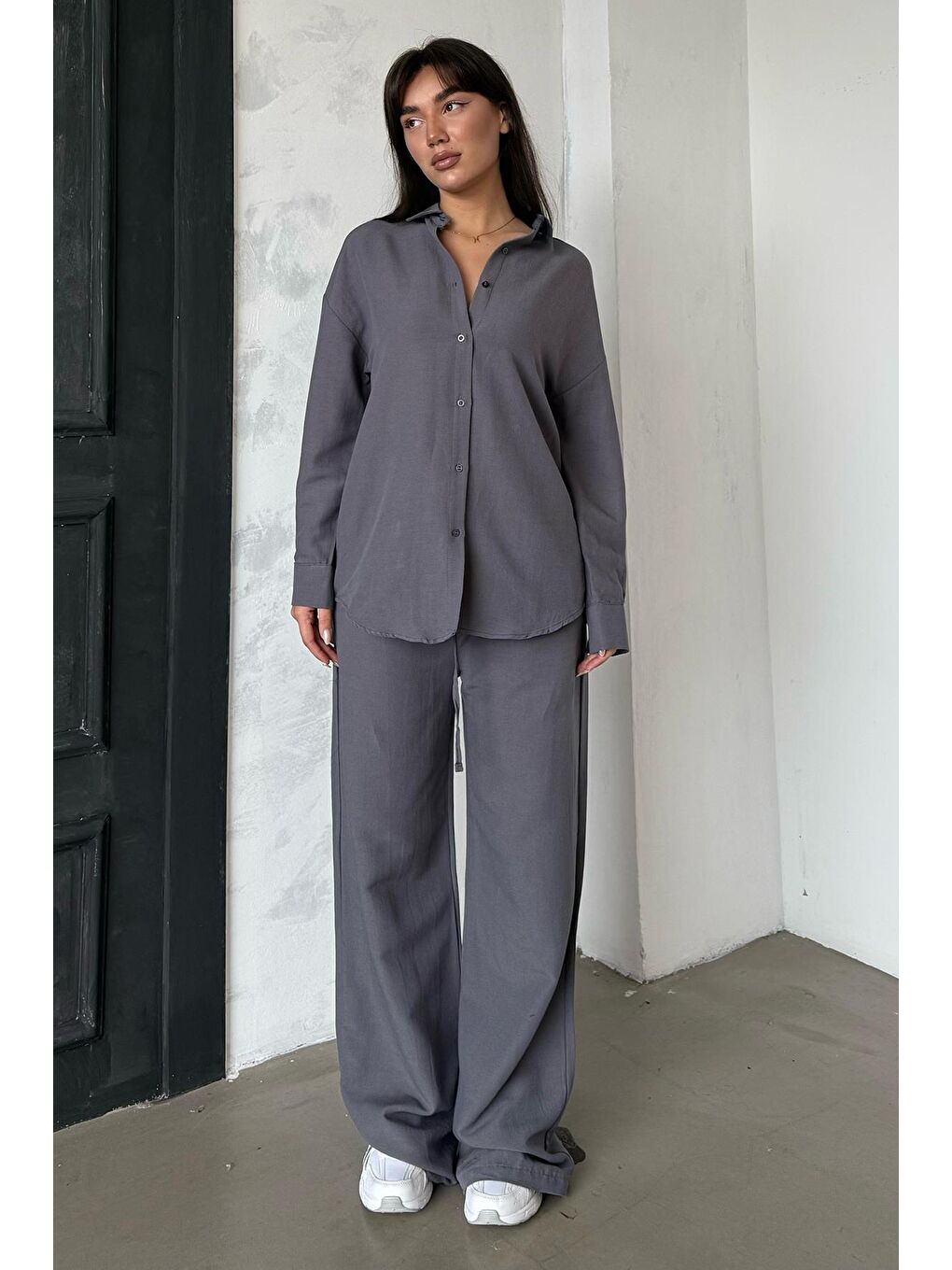Gri Füme Keten Kadın Gömlek Pantolon İkili Takım Mg2356-2
