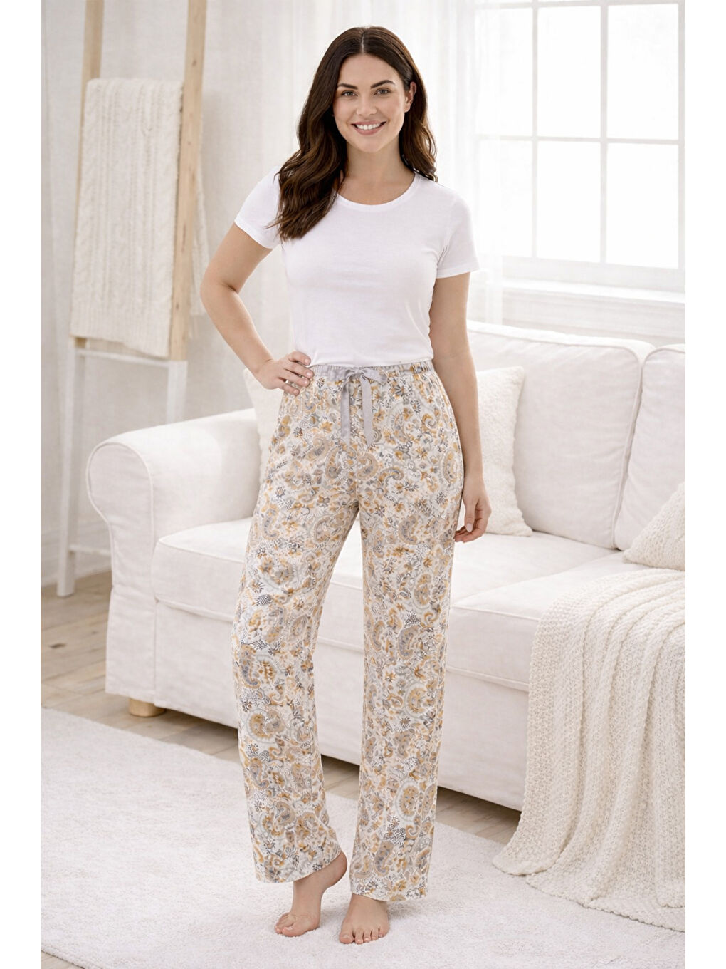 Kadın Viskon Kumaş Penye Tek Pijama Alt 13 Beyaz-3