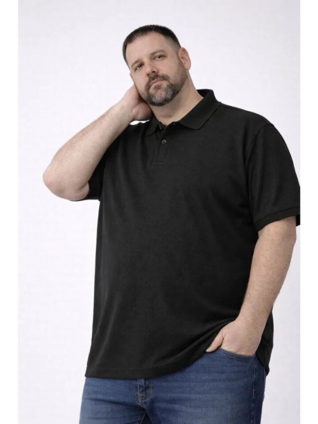 Erkek Pike Kumaş Düğmeli Yaka Battal Büyük Beden Günlük Kısa Kol Tişört T-shirt - Siyah