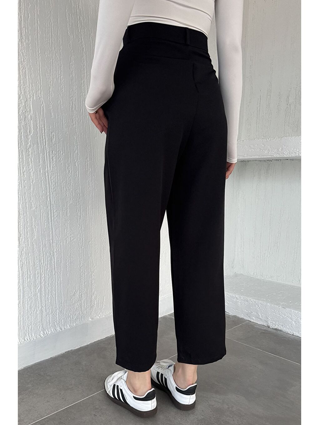 Siyah Kadın Yüksek Bel Pileli Palazzo Pantolon-1