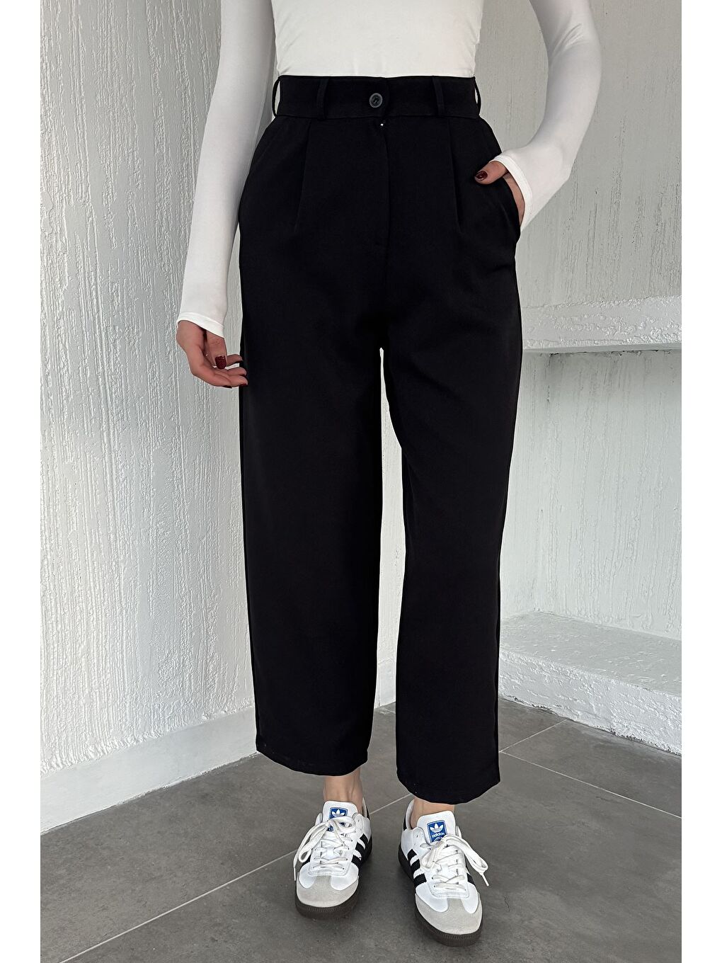 Siyah Kadın Yüksek Bel Pileli Palazzo Pantolon-2