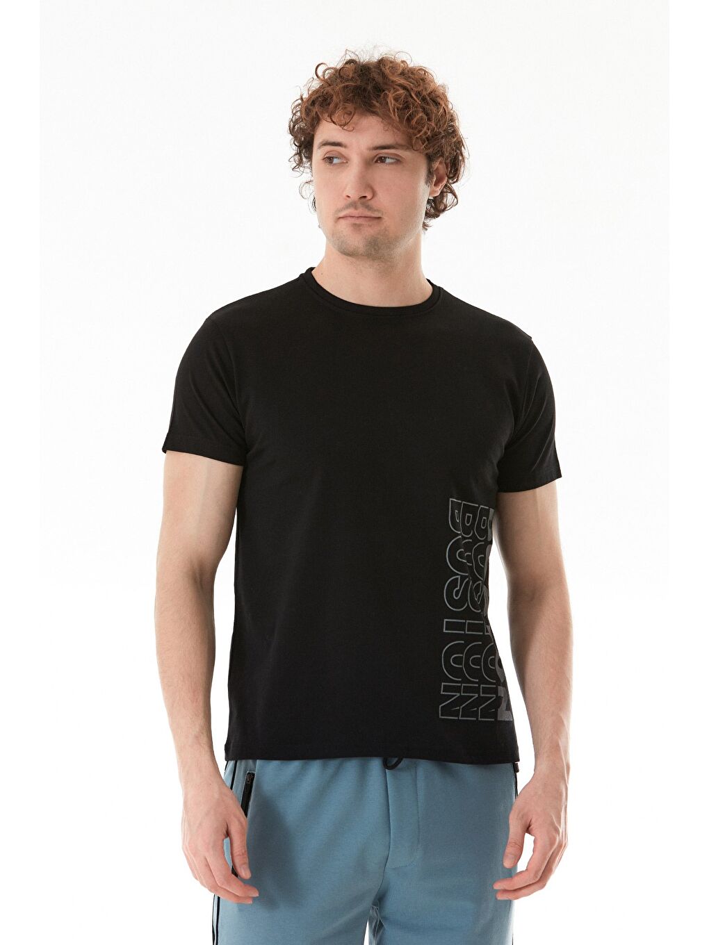 Siyah Boston Yazı Baskılı Bisiklet Yaka %100 Pamuk Tişört-1