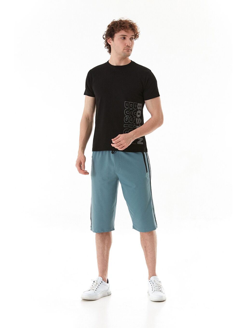 Siyah Boston Yazı Baskılı Bisiklet Yaka %100 Pamuk Tişört-2