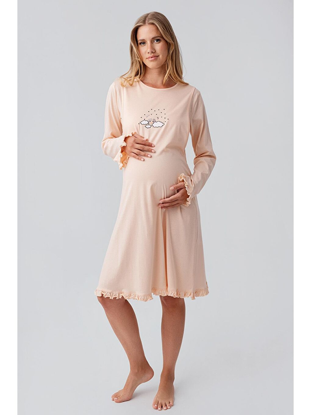 Pembe Uzun Kollu Desenli Esnek Pamuklu Hamile Sabahlık Gecelik Takım 18400-1