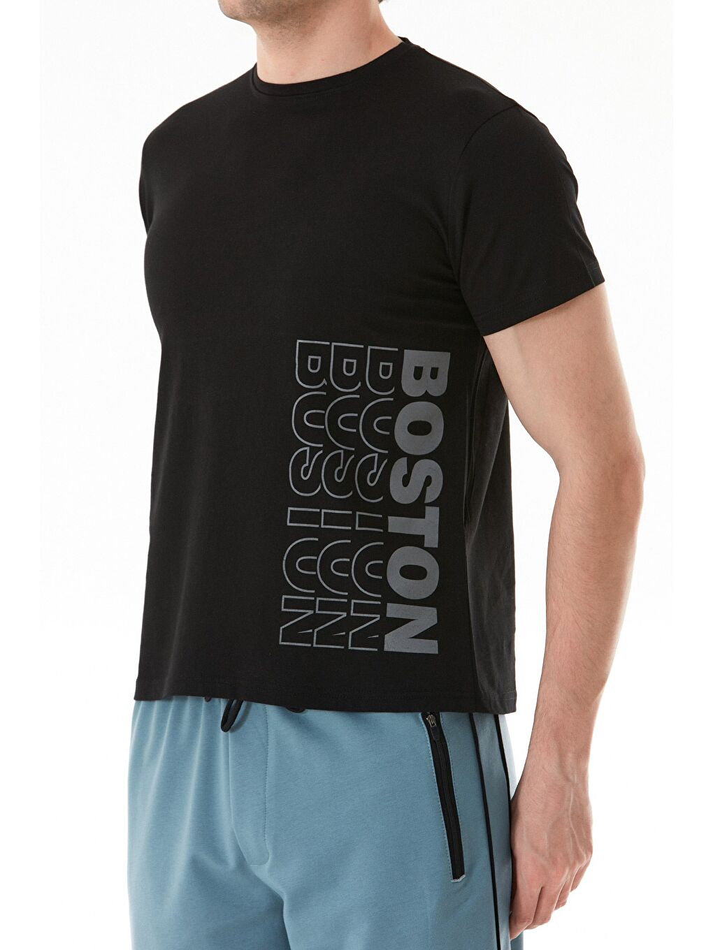 Siyah Boston Yazı Baskılı Bisiklet Yaka %100 Pamuk Tişört-4