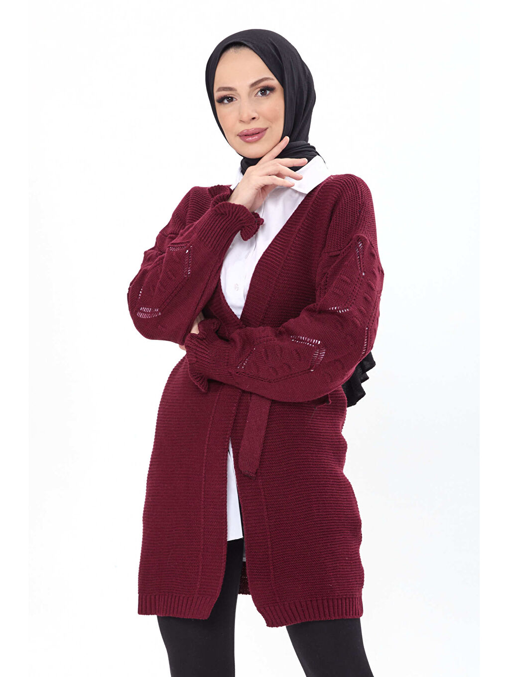 Kemerli Kolu İşlemeli Triko Hırka Bordo - 27631-2