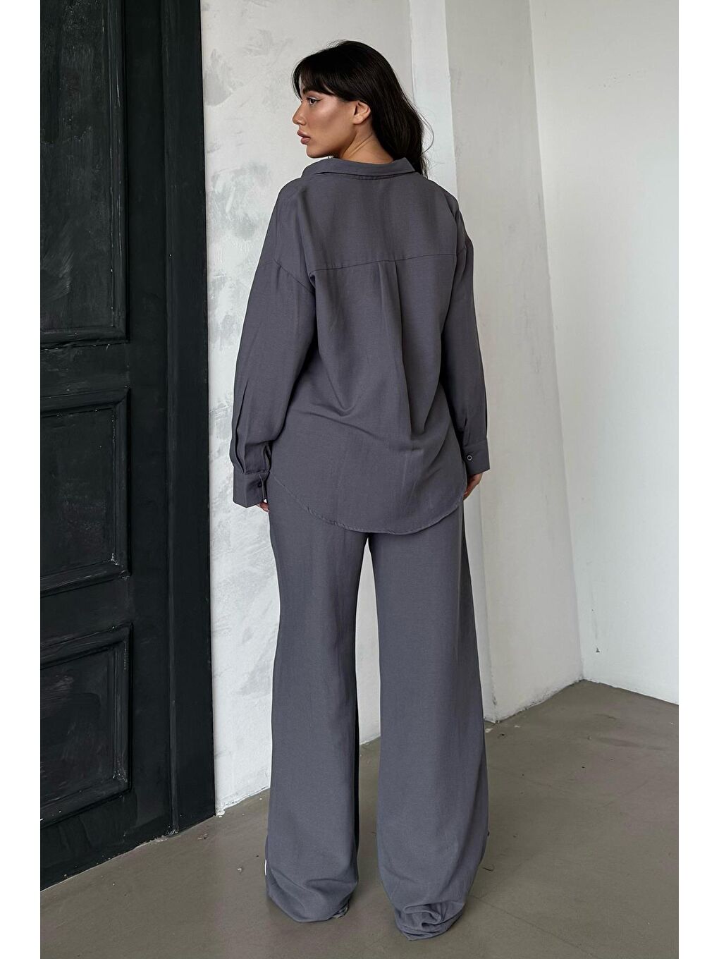 Gri Füme Keten Kadın Gömlek Pantolon İkili Takım Mg2356-3