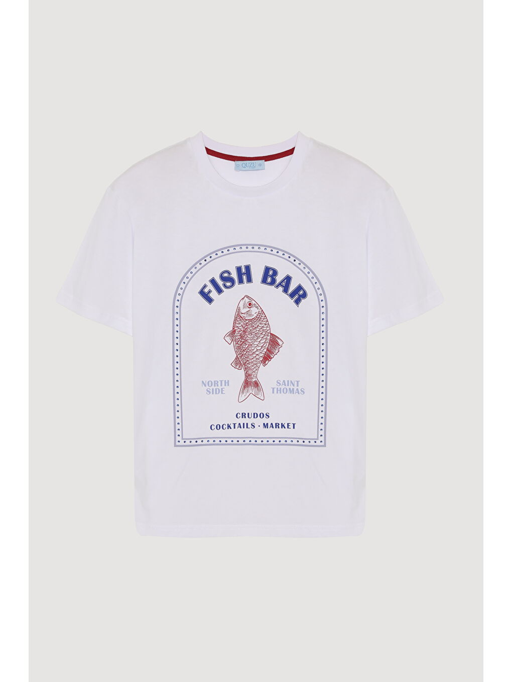 Balık Desenli Kısa Kol Tişört Beyaz