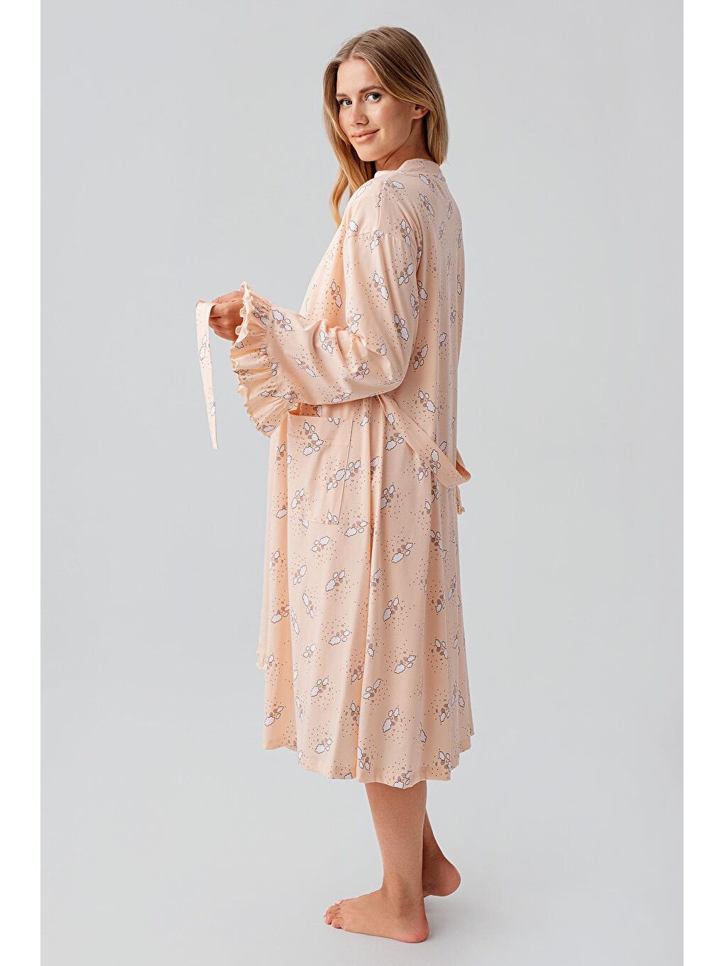 Pembe Uzun Kollu Desenli Esnek Pamuklu Hamile Sabahlık Gecelik Takım 18400-2