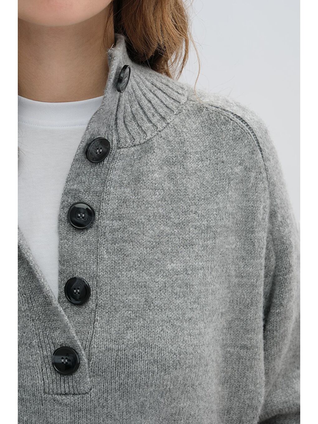 Gri Melanj Hakim Yaka Düğmeli Triko Kazak-4