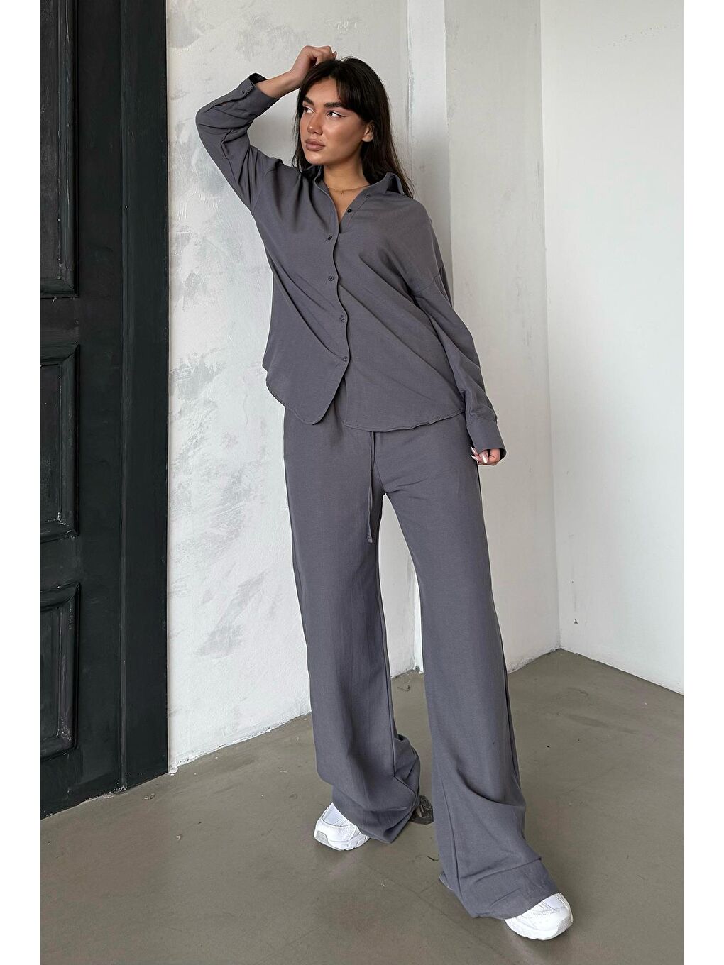 Gri Füme Keten Kadın Gömlek Pantolon İkili Takım Mg2356-4