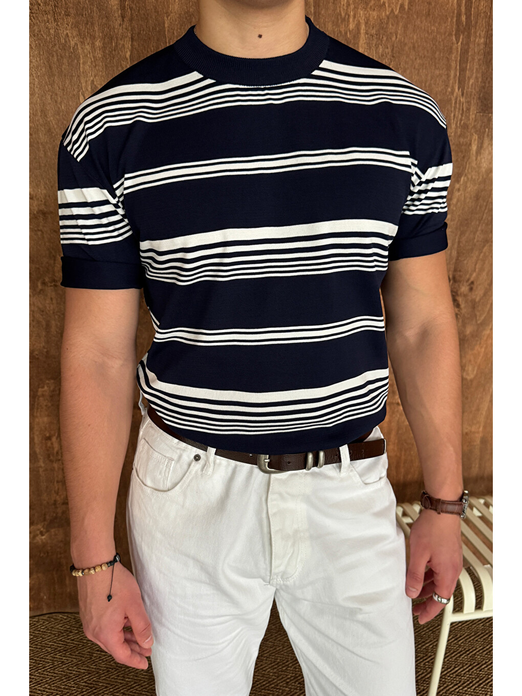 Lacivert Erkek Bisiklet Yaka Oversize Çizgili Triko T-shirt-1
