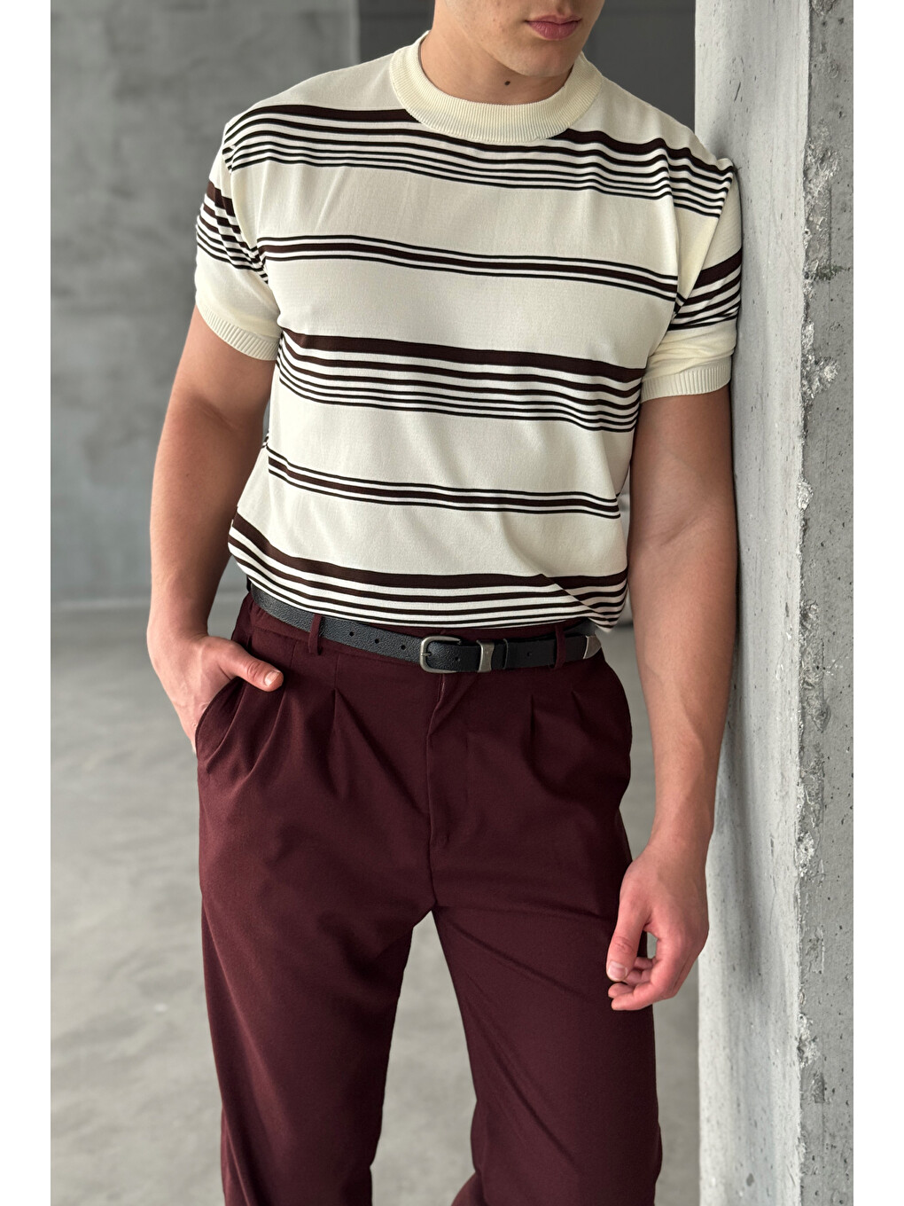 Ekru Erkek Bisiklet Yaka Oversize Çizgili Triko T-shirt-1