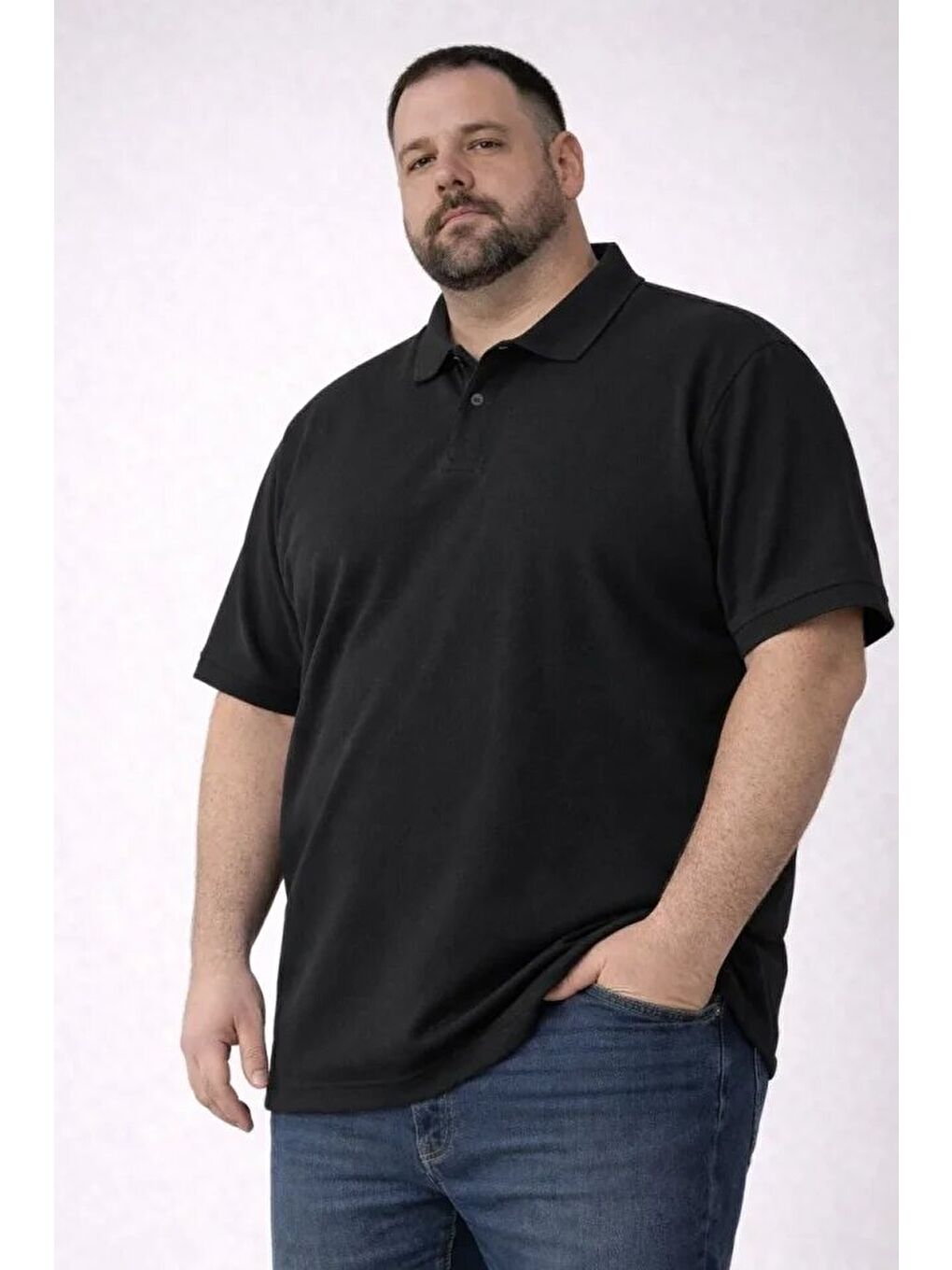 Erkek Pike Kumaş Düğmeli Yaka Battal Büyük Beden Günlük Kısa Kol Tişört T-shirt - Siyah-1