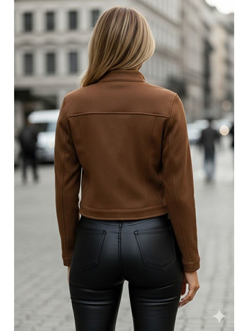 Kahverengi Kadın Uzun Kollu Yakadan Ve önden Düğmeli Süet Kısa Ceket-1