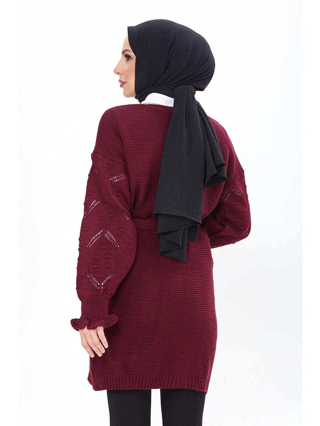 Kemerli Kolu İşlemeli Triko Hırka Bordo - 27631-3