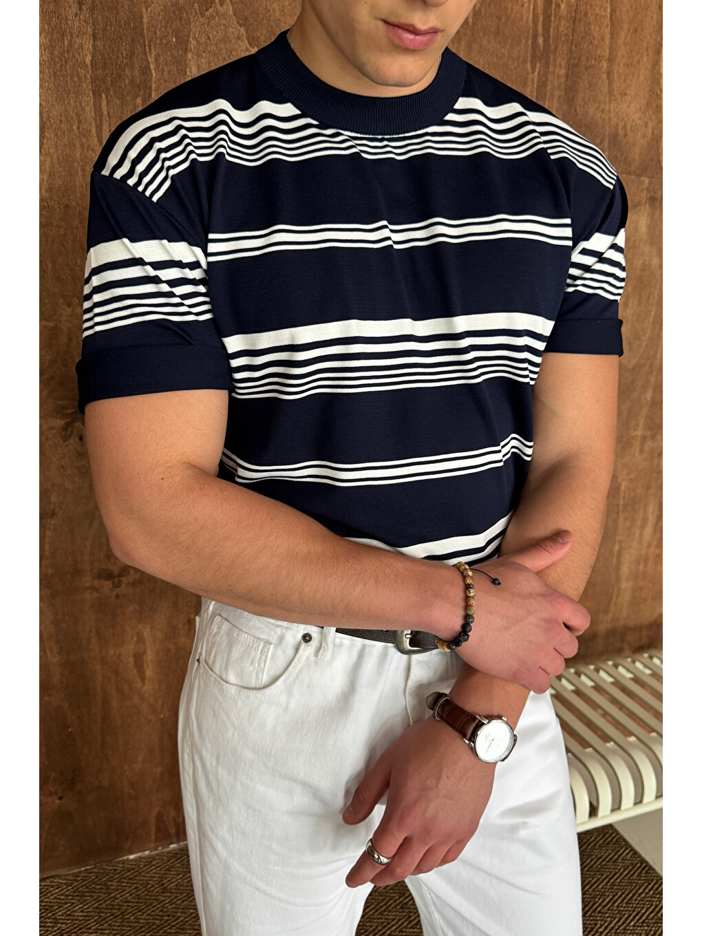 Lacivert Erkek Bisiklet Yaka Oversize Çizgili Triko T-shirt-2
