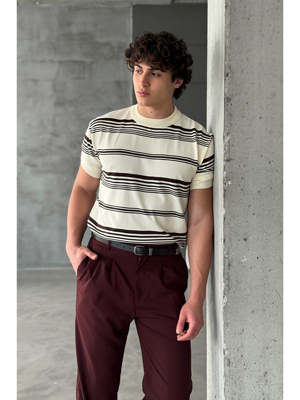 Ekru Erkek Bisiklet Yaka Oversize Çizgili Triko T-shirt-2