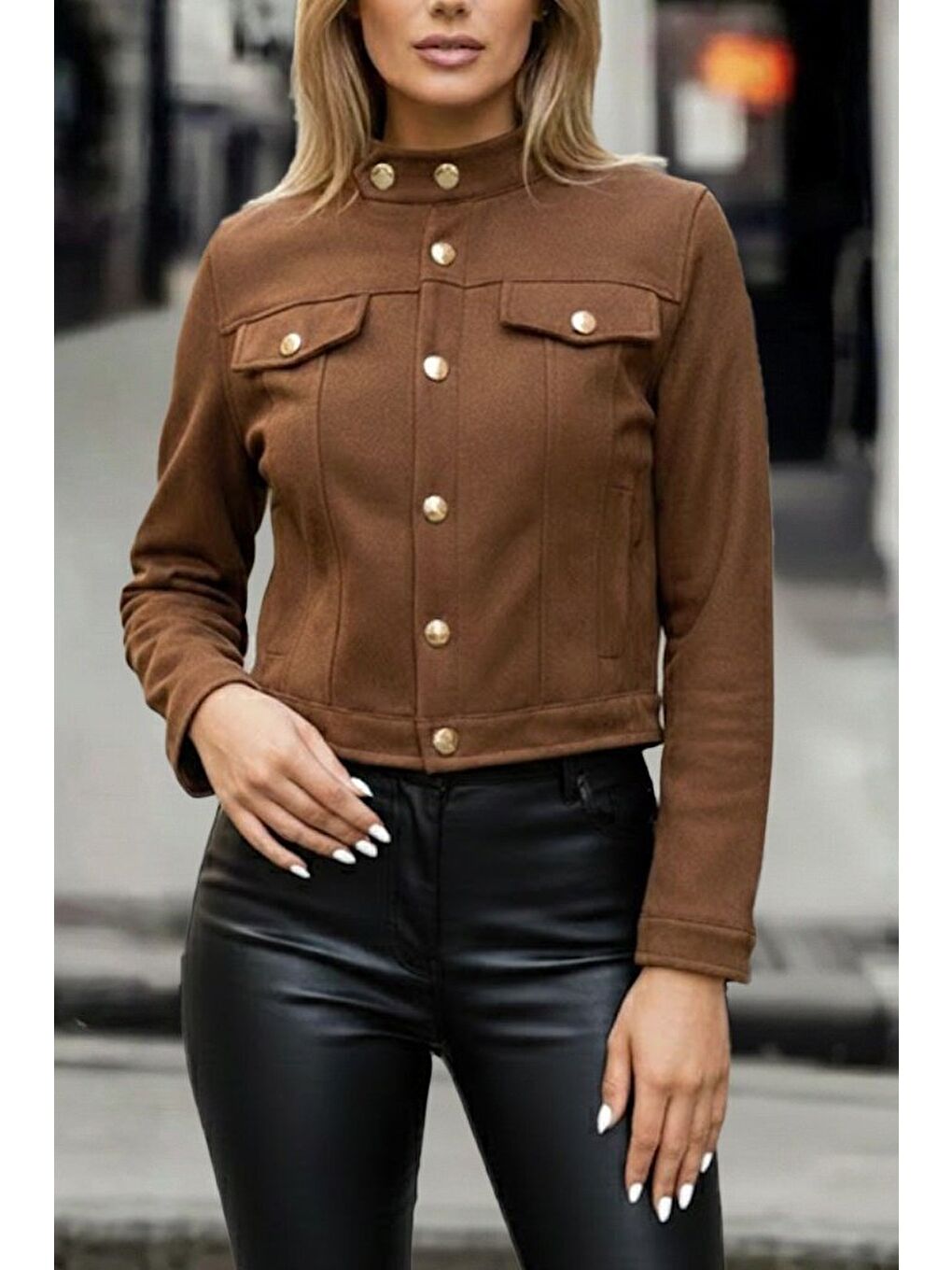 Kahverengi Kadın Uzun Kollu Yakadan Ve önden Düğmeli Süet Kısa Ceket-2