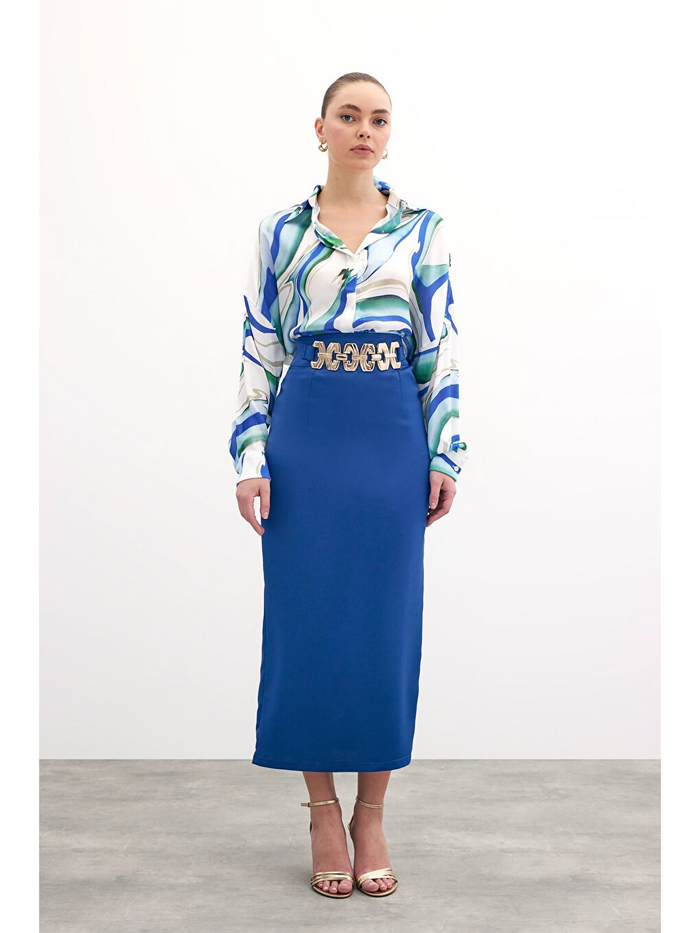 Gold Aksesuarlı Uzun Etek - Sax Mavi