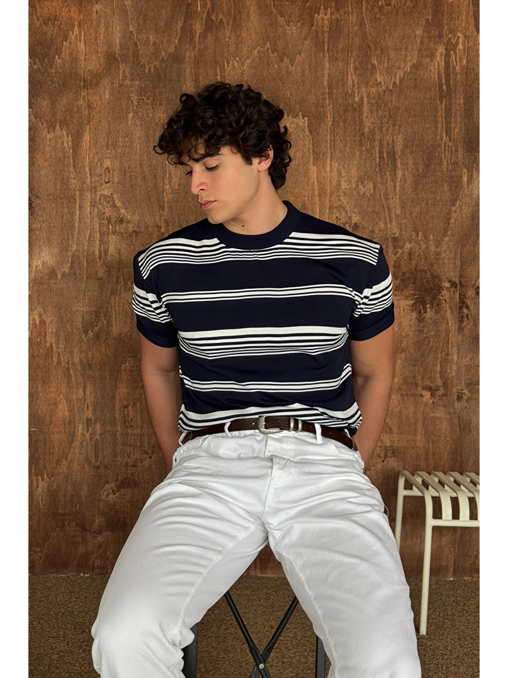 Lacivert Erkek Bisiklet Yaka Oversize Çizgili Triko T-shirt-3