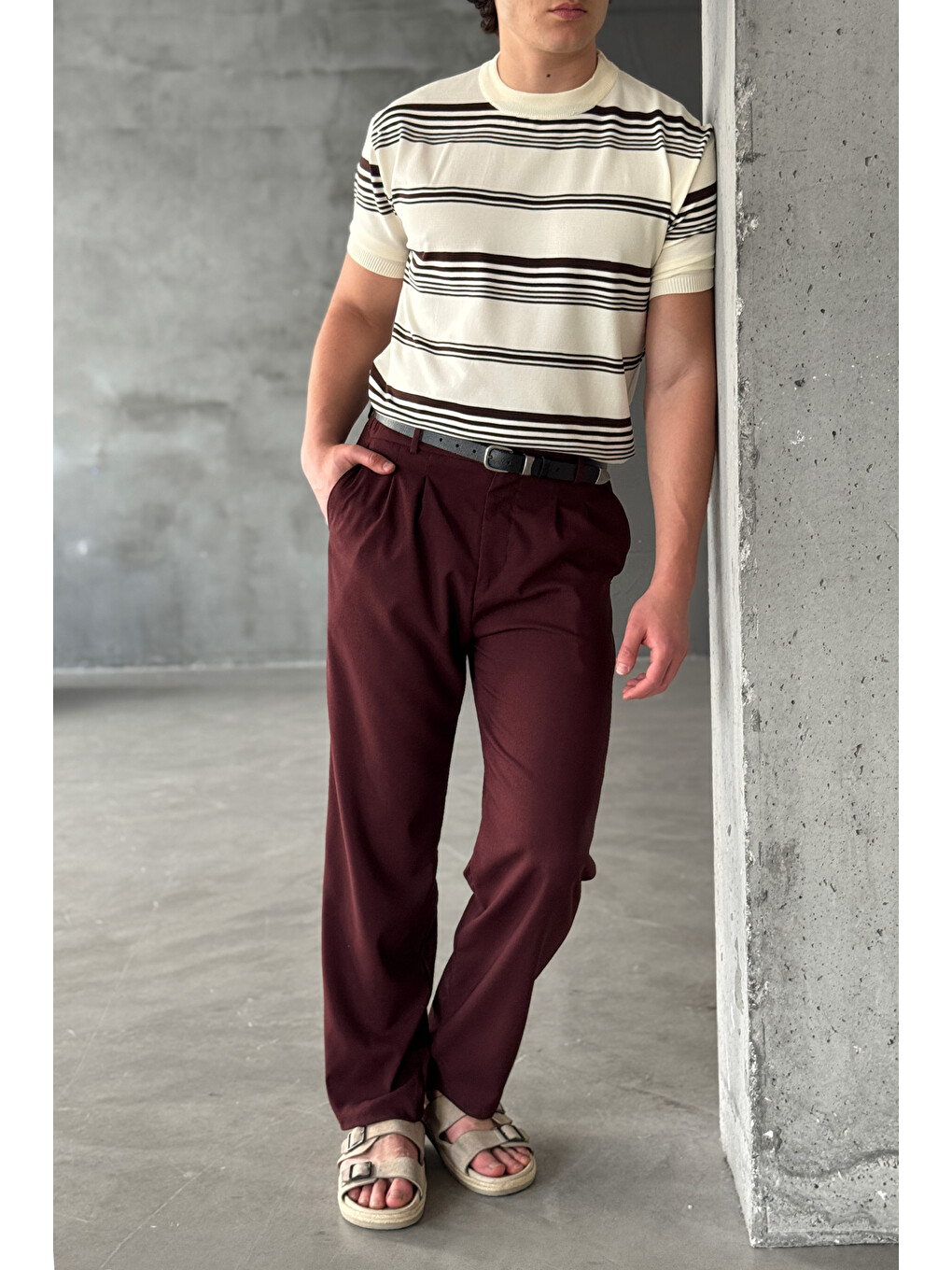 Ekru Erkek Bisiklet Yaka Oversize Çizgili Triko T-shirt-3