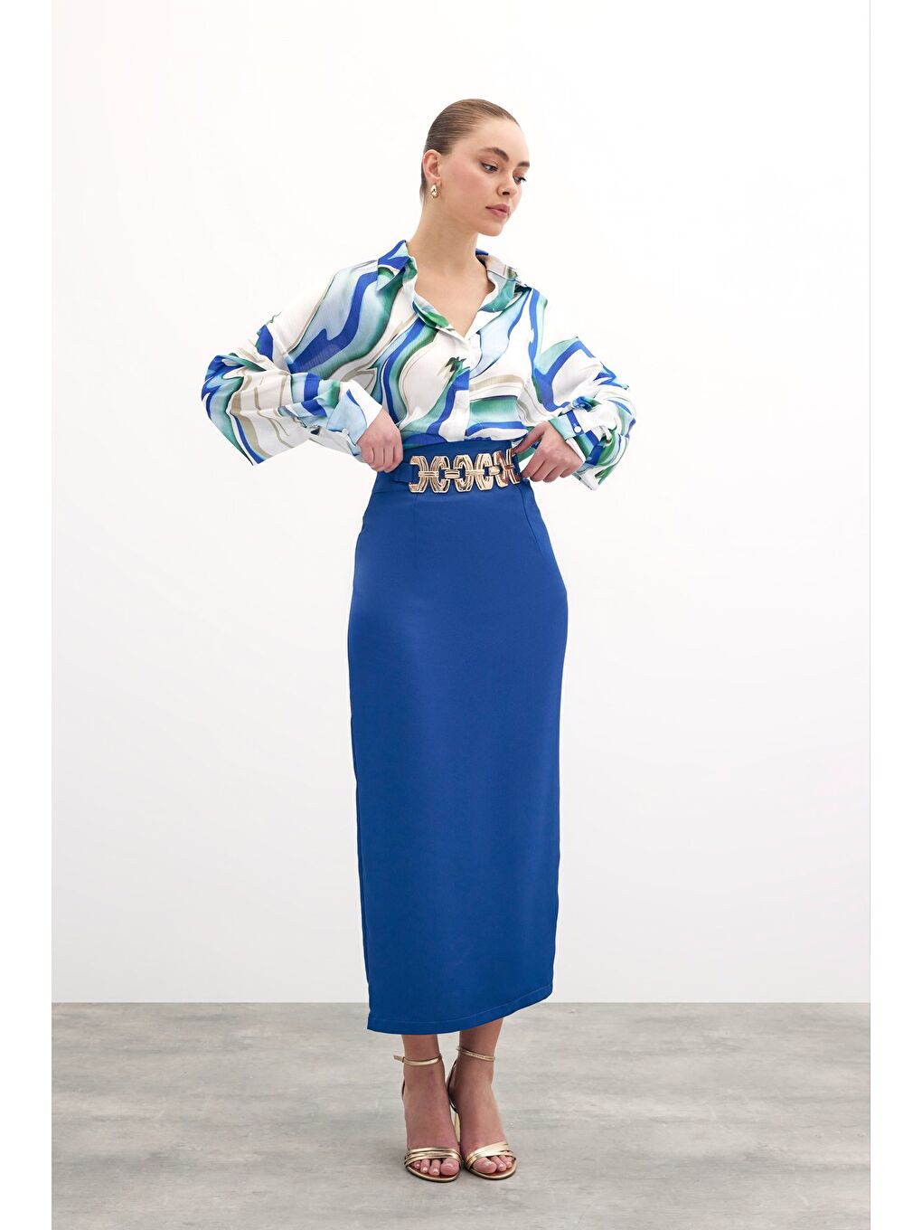 Gold Aksesuarlı Uzun Etek - Sax Mavi-1