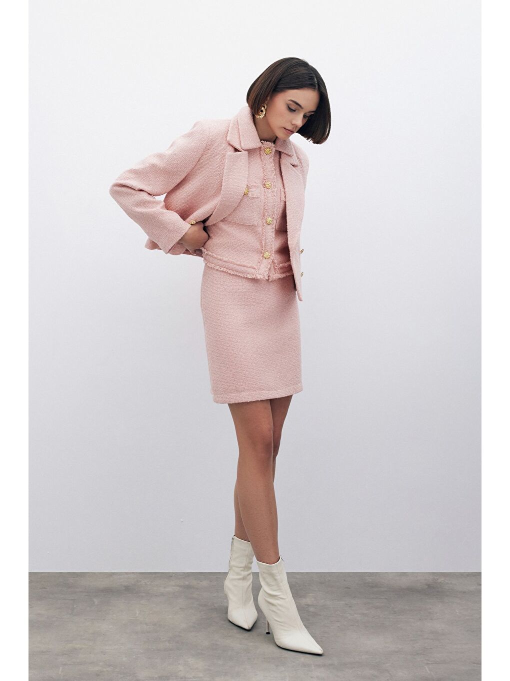 Pembe Simli Mini Tüvit Etek - Pudra-1