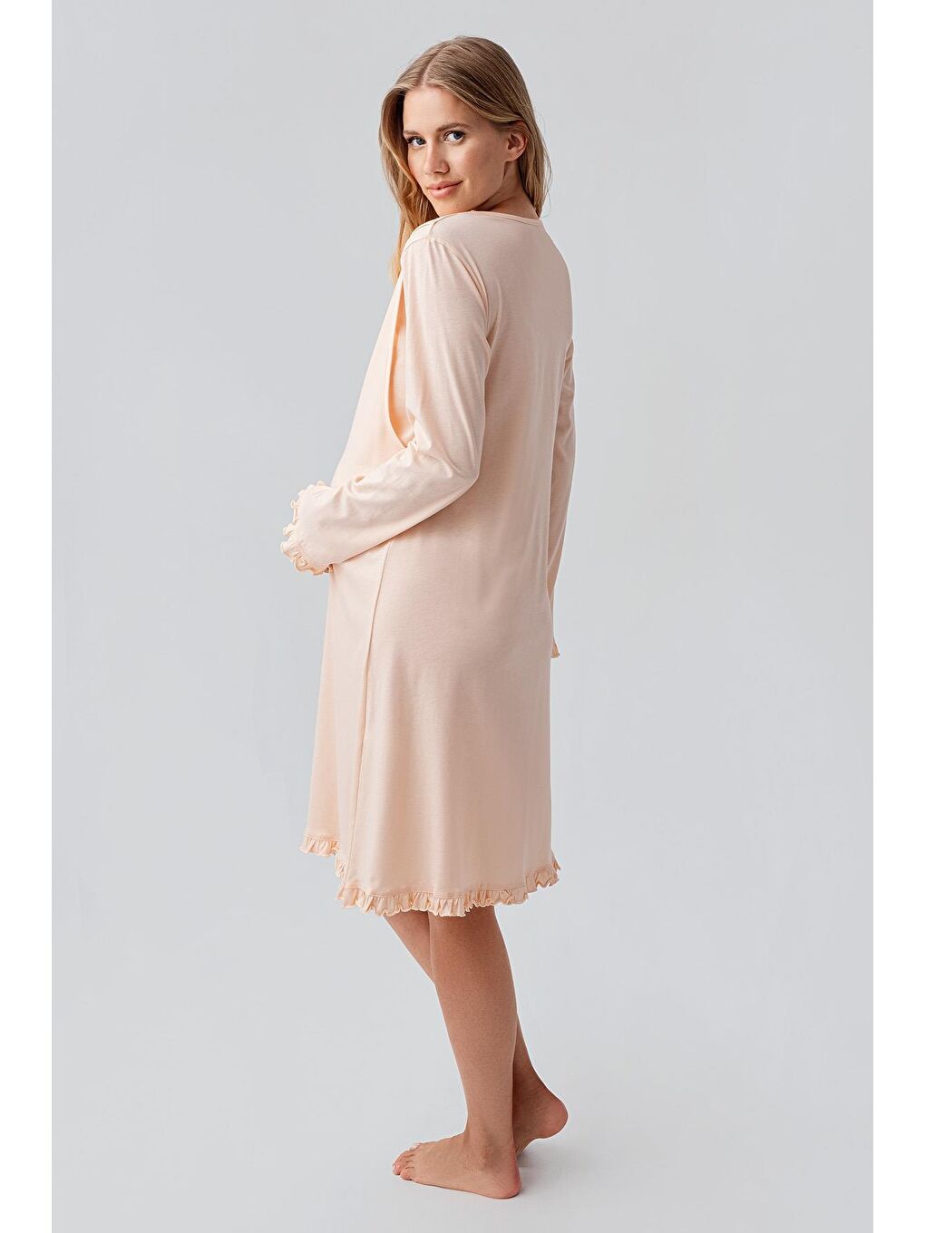 Pembe Uzun Kollu Desenli Esnek Pamuklu Hamile Sabahlık Gecelik Takım 18400-3