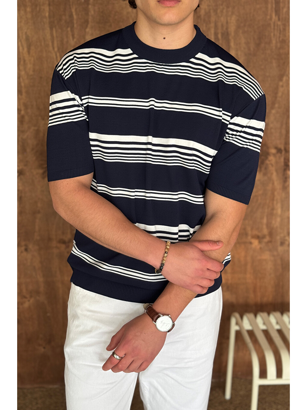 Lacivert Erkek Bisiklet Yaka Oversize Çizgili Triko T-shirt-4