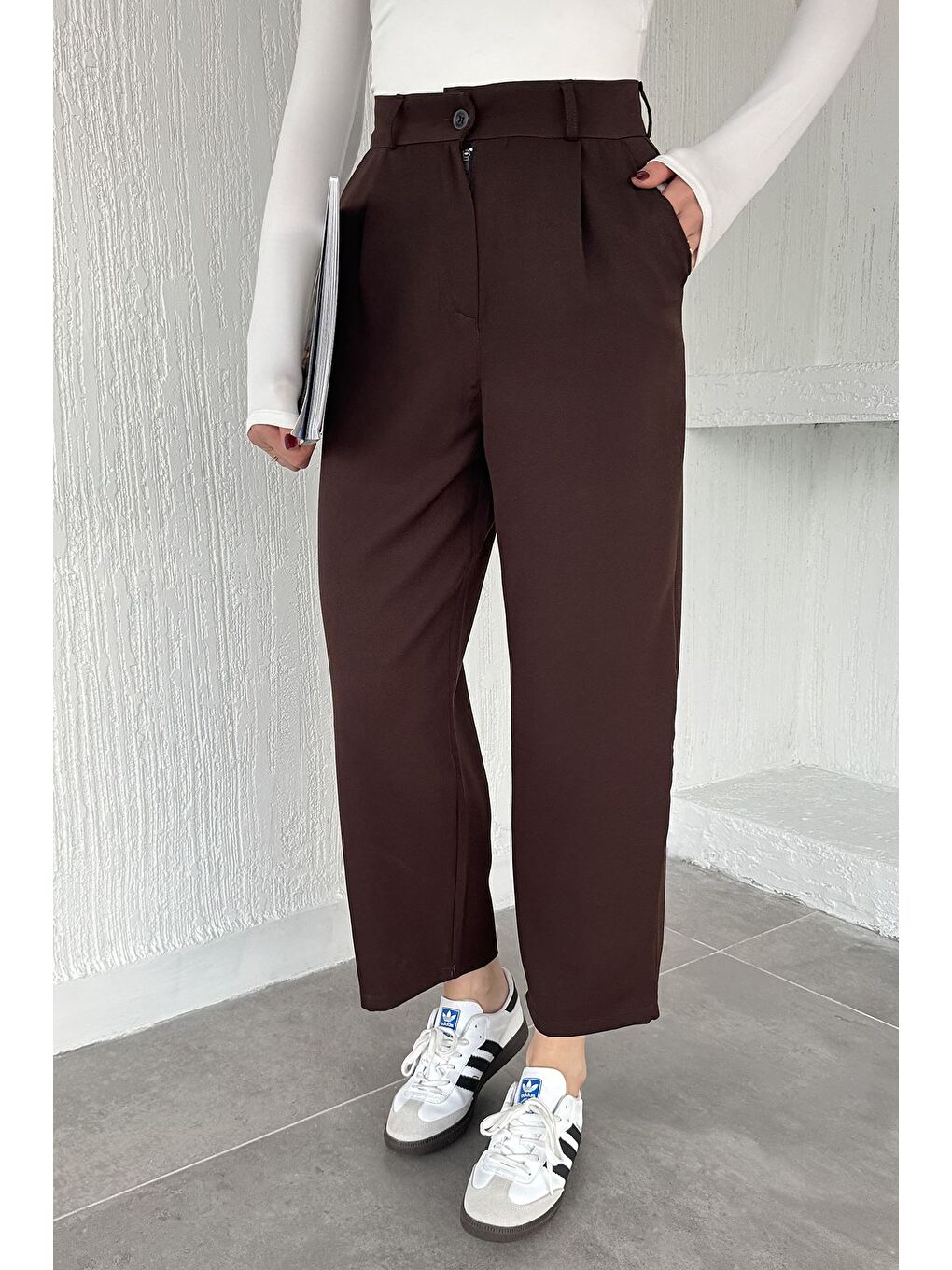 Kahverengi Kadın Yüksek Bel Pileli Palazzo Pantolon