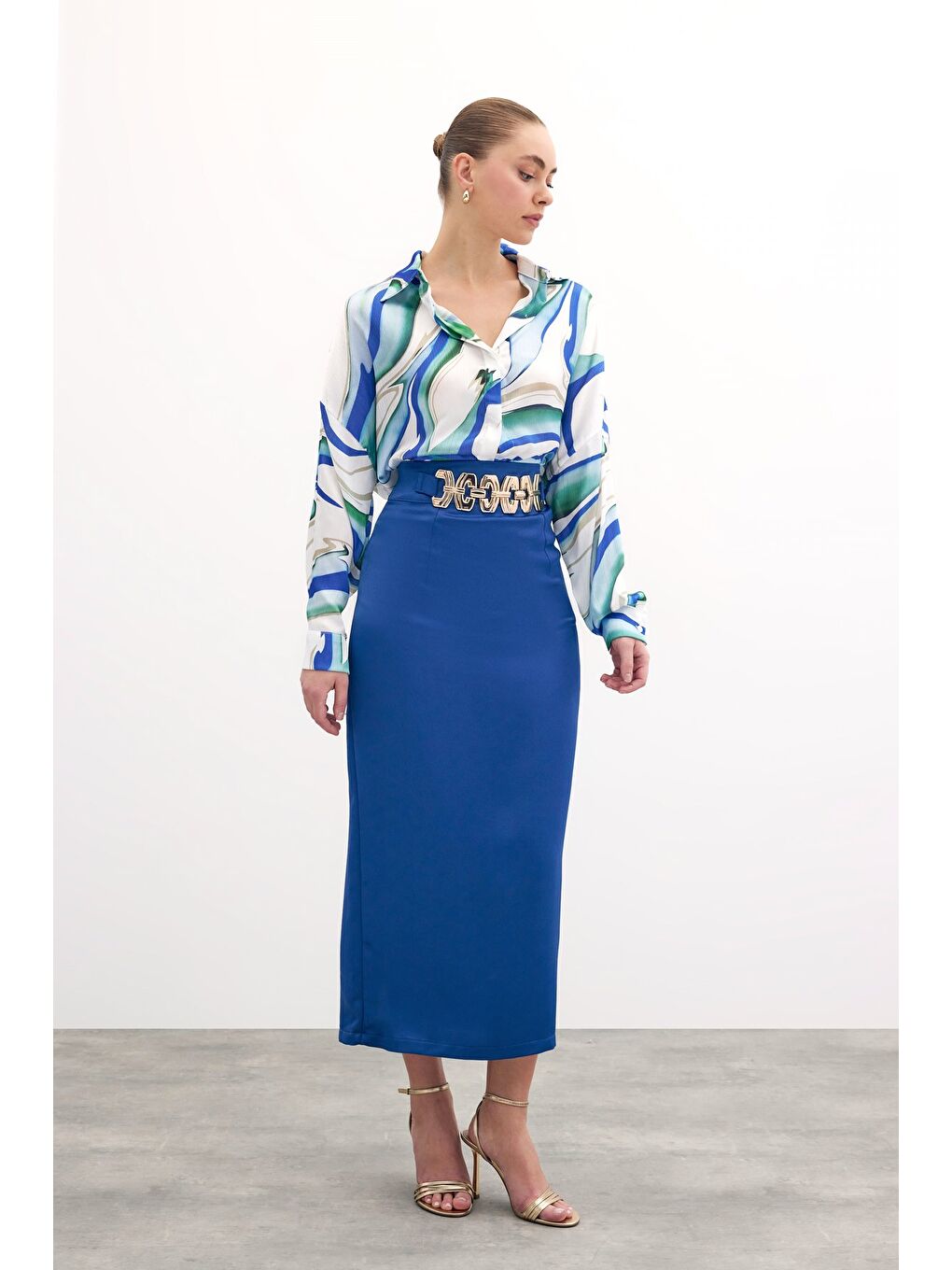 Gold Aksesuarlı Uzun Etek - Sax Mavi-2