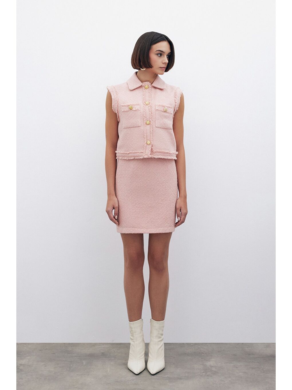 Pembe Simli Mini Tüvit Etek - Pudra-2