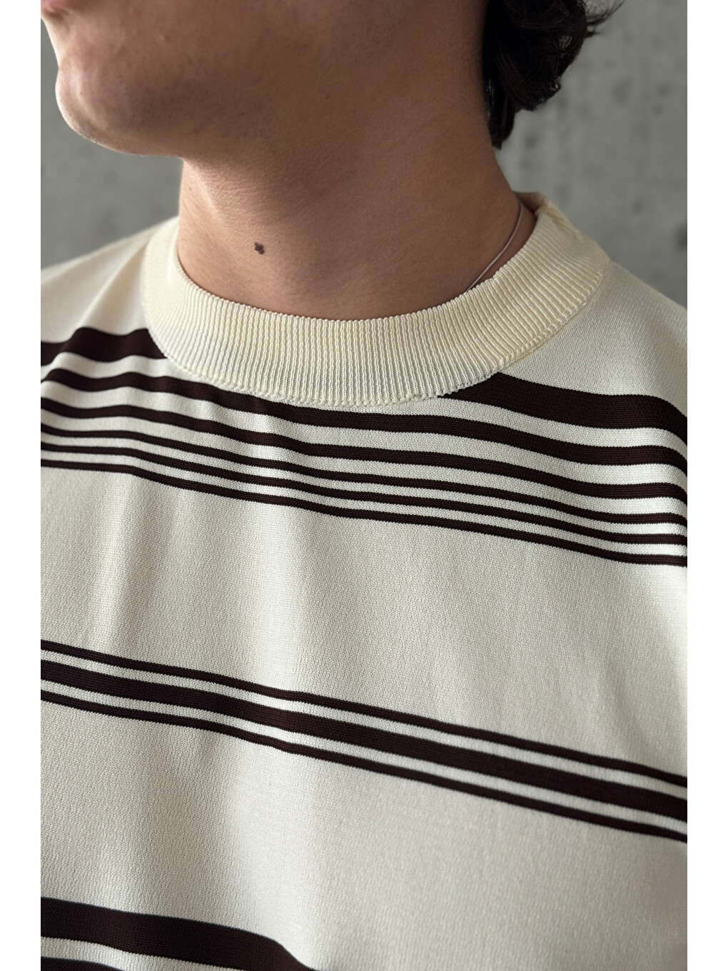 Ekru Erkek Bisiklet Yaka Oversize Çizgili Triko T-shirt-4