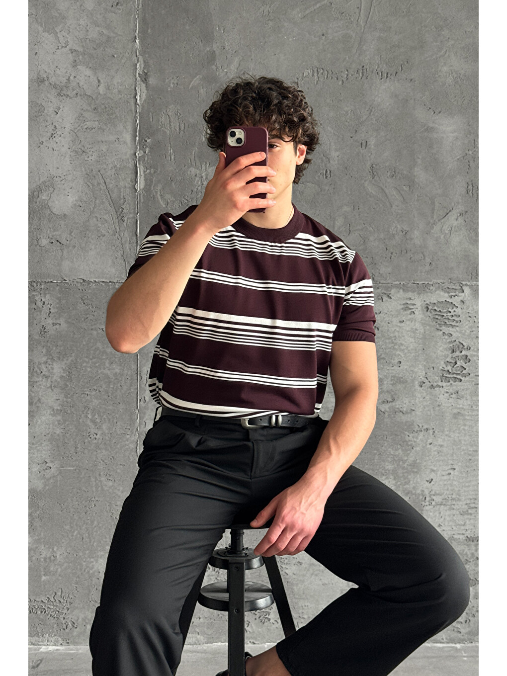 Bordo Erkek Bisiklet Yaka Oversize Çizgili Triko T-shirt